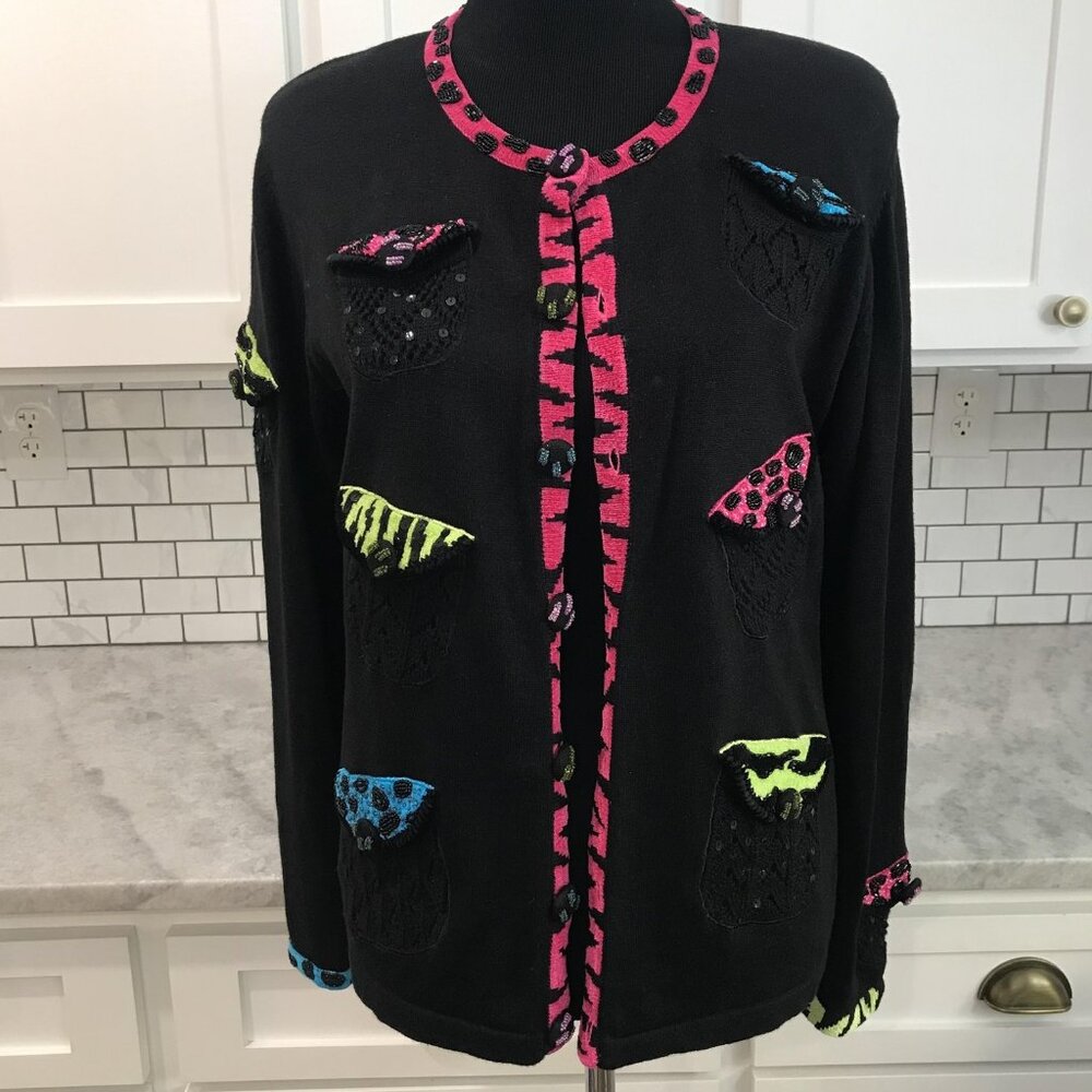 Berek Cardigan Sweater Womens Large Black Beaded Sequin Novelty Pockets Button